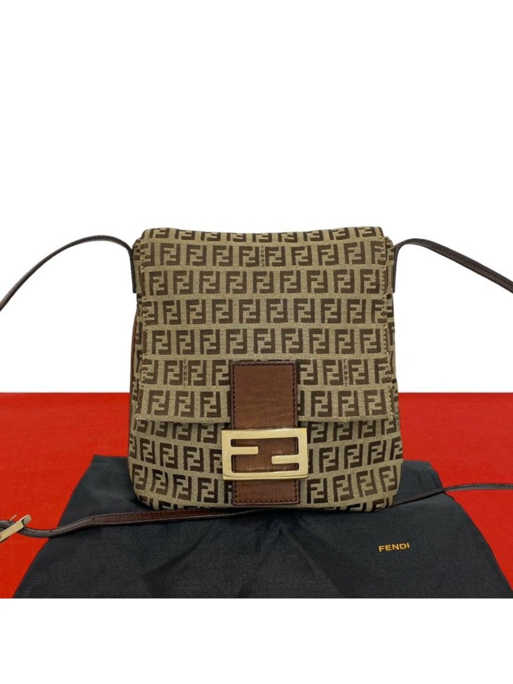 Fendi Vintage Zucchino FF Pattern Canvas Leather Shoulder Bag Crossbody Brown